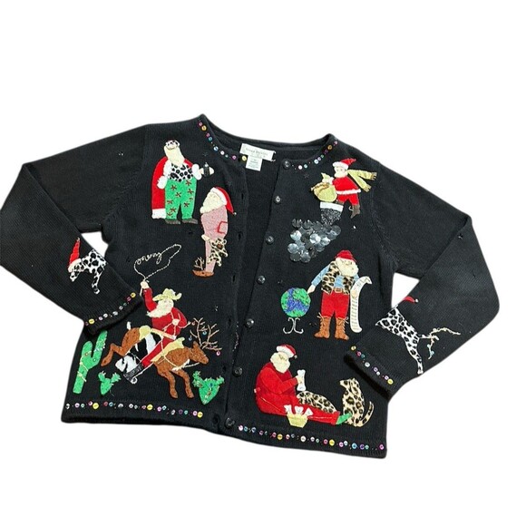 Christmas Sweater Santa Claus Susan Bristol Sz M Cowboy Pajamas Embellished VTG - Picture 3 of 16